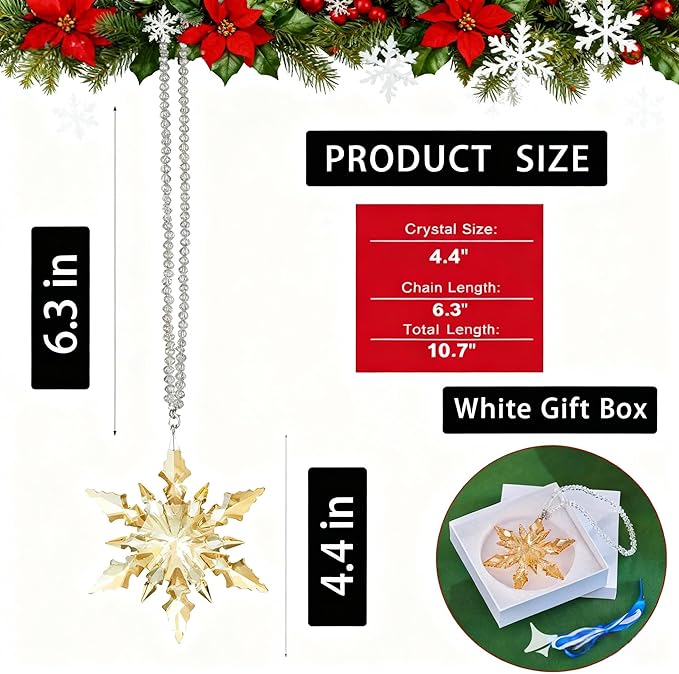 Luxury Gold Crystal Christmas Snowflake Ornaments Christmas Tree Hanging Decorations Gifts for Women Girls Family Friends (Gold)