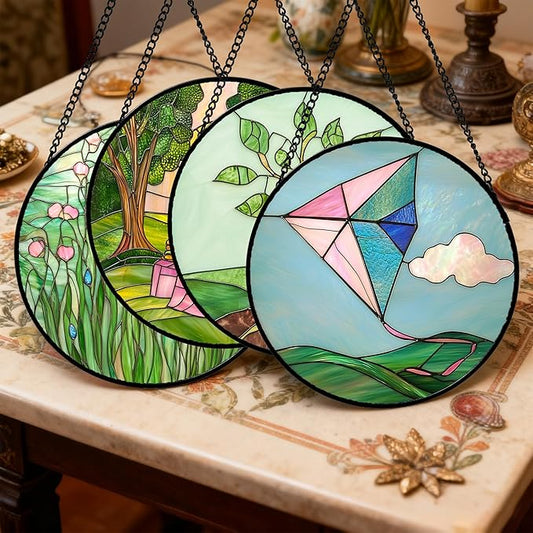 Stained Glass Window Hanging 4 Pcs Set Pink Green Spring Saplings Flowers Large 15" - Suncatcher Door Garden Sun Catcher Home Decor Mother's Day for Woman Nana Mom Men