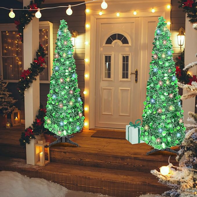 5 FT Pencil Christmas Tree, Collapsible Artificial Sequin Pop Up Christmas Tree, Skinny Pencil Tinsel Christmas Trees, Xmas Tree for Home Apartment Basement Fireplace (Pure Green)