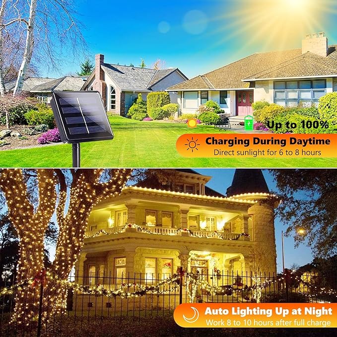 Upgraded 4 Pack 160FT 400 LED Solar Christmas Lights Outdoor Solar String Lights with 8 Lighting Modes Waterproof Solar Fairy Lights for Garden Yard Patio Christmas Tree Decoration (Warm White)
