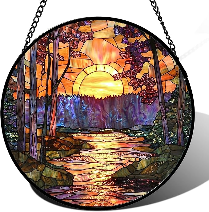 Stained Glass Window Hanging, Orange Landscape Green Purple Lake Forest Suncatcher for Doors Window Home Sun Catchers Decor Mother's Day Birthday Gifts for Women Men Mom 15 in
