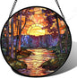 Stained Glass Window Hanging, Orange Landscape Green Purple Lake Forest Suncatcher for Doors Window Home Sun Catchers Decor Mother's Day Birthday Gifts for Women Men Mom 15 in