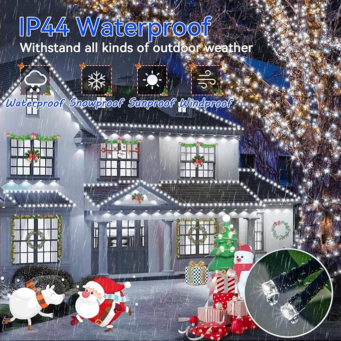 Hezbjiti 2 Pack 1000 LED 403 FT Christmas String Lights Outdoor, 8 Lighting Modes IP44 Waterproof Fairy Lights with Timer and Dimmable Function for Party Tree Decorations (Cold White, Green Wire)