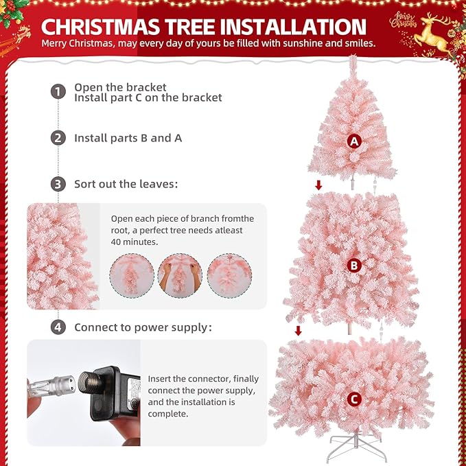 VINGLI 8ft Pink Artificial Christmas Pine Tree with 500 Warm LED Lights, Pre-Lit Flocked Xmas Tree with 1250 Full Branch Tips, Sturdy Metal Stand, 8 Color Modes for Holiday & Party Decorations