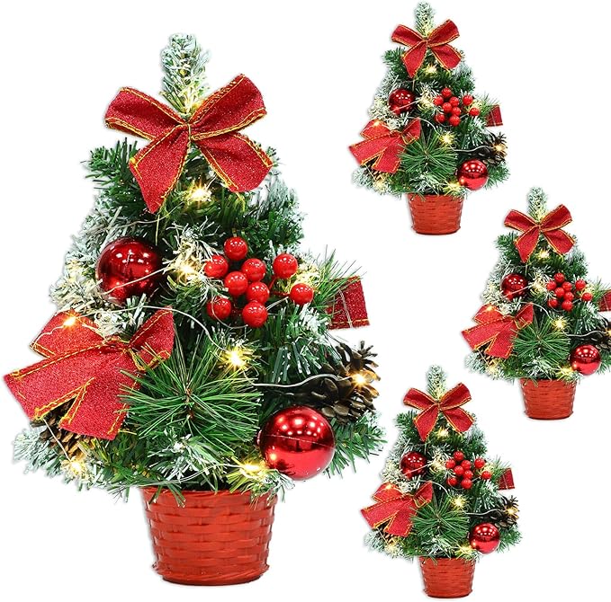 4 Pack 12 Inch Mini Christmas Trees with Lights Table Top Christmas Tree for Office in Basket Base Snowy Red Bows Berries Christmas Decorations Miniature Christmas Tree Tabletop Desk Home Decor