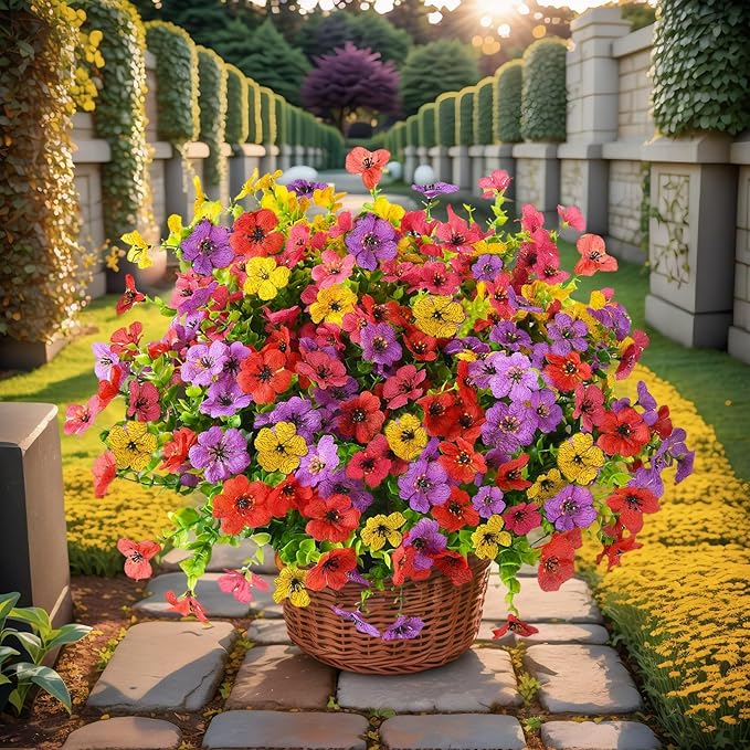 SHIAWASENA Realistic Outdoor Fake Plants Flowers, Artificial Flowers, UV Resistant, 12 Bundles Faux Silk Colorful Violet Flowers Bouquet with Eucalyptus (Rose Red & Yellow & Red & Purple)