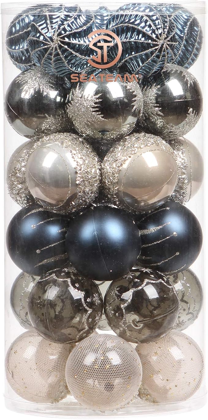 Sea Team 60mm/2.36" Delicate Contrast Color Theme Painting & Glittering Christmas Tree Pendants Decorative Hanging Christmas Baubles Balls Ornaments Set - (Stone Blue & Silver Grey), Pack of 30