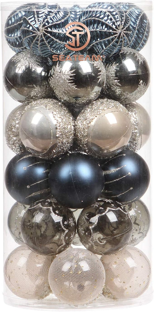 Sea Team 60mm/2.36" Delicate Contrast Color Theme Painting & Glittering Christmas Tree Pendants Decorative Hanging Christmas Baubles Balls Ornaments Set - (Stone Blue & Silver Grey), Pack of 30