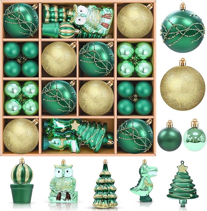 Dolicer 52 Pcs Christmas Tree Ornaments Various Styles Christmas Ball Ornaments Set Green Gold Christmas Ornament Shatterproof Lightweight Hanging Decorations for Xmas Tree Holiday Party Home