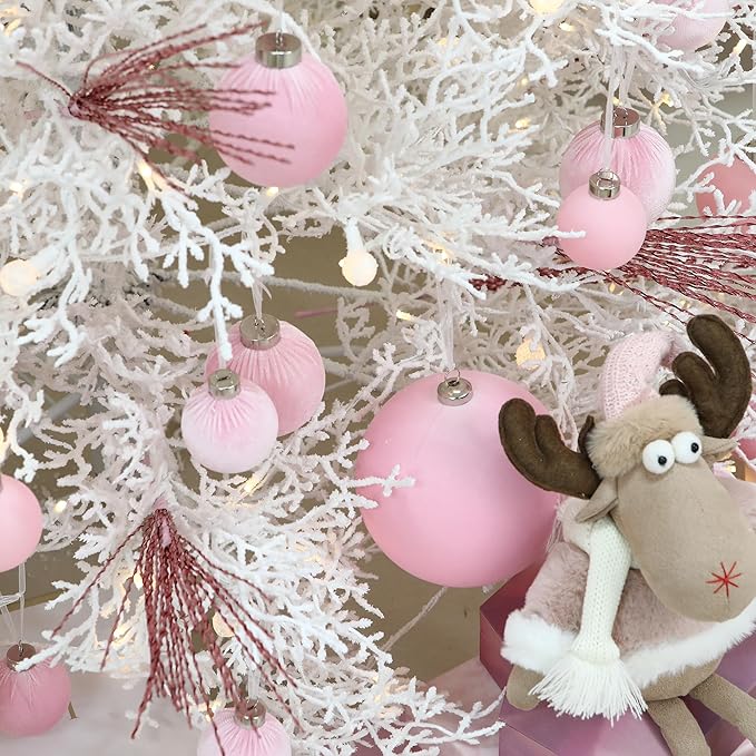 Sea Team 25-Pack Flocked Velvet Christmas Tree Ball Ornaments Set, Hanging Velour Baubles, Shatterproof Plastic Decorations for Xmas Tree, Wreath, Garland, 60mm/2.36 Inches, Pink