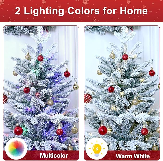 Prelit Flocked Christmas Tree, Artificial Small Christmas Tree with Led Lights, Frosted LED Xmas Tree with Snow (3FT-Lights)