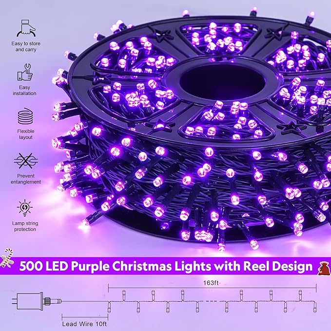JMEXSUSS 500 LED Purple Christmas Lights, 173ft 8 Modes Christmas String Lights Outdoor Waterproof, Green Wire Purple LED Light for Indoor Party House Xmas Decorations