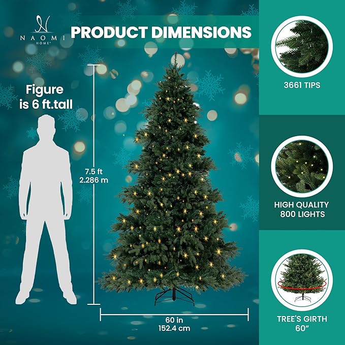 Cynthia 7.5ft Prelit Aritificial Christmas Tree with 3661 Branch Tips, 800 Warm Lights and Metal Stand, 60" Wide Realistic Rustic Christmas Tree with Lights by Naomi Home