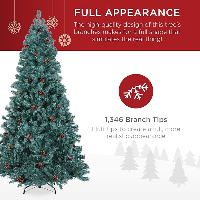Best Choice Products 7.5ft Pre-Decorated Holiday Christmas Tree for Home, Office, Party Decoration w/1,348 Tips, Pinecones, Metal Base – Blue Spruce