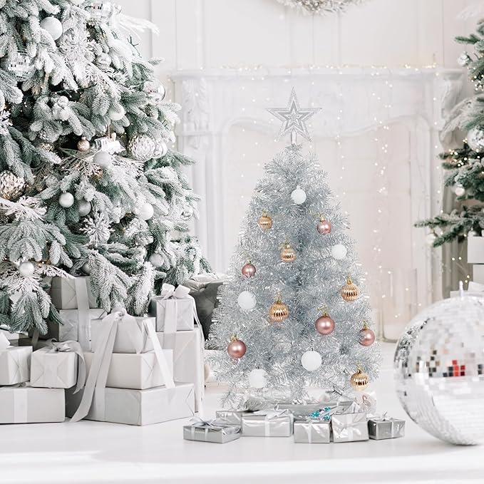 Sunshine Silver Christmas Tree with Light 3ft Artifical Full Christmas Tree with Ball & Star Ornaments 8 Lighting Modes for Holiday Decor