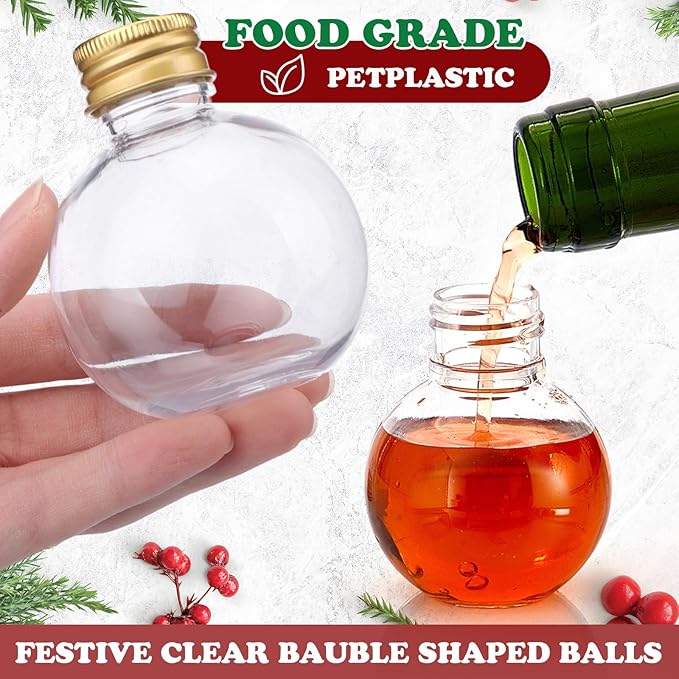 Patelai 18 Pcs Christmas Drink Balls Clear Shot Glass Ornaments Xmas Tree Fillable Ornaments Plastic Xmas Water Bottle Bulbs for Holiday Party Decorations(Round,50,100,150 ml)