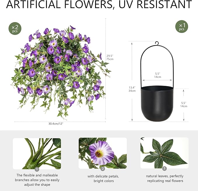 Artificial Flowers Artificial Petunias for Outdoors 2PCS Artificial Hanging Plants Outdoors Silk Flowers with Stems Outdoor Flowers Uv Resistant for Porch Decor Terrace Decor（Purple with Pot）