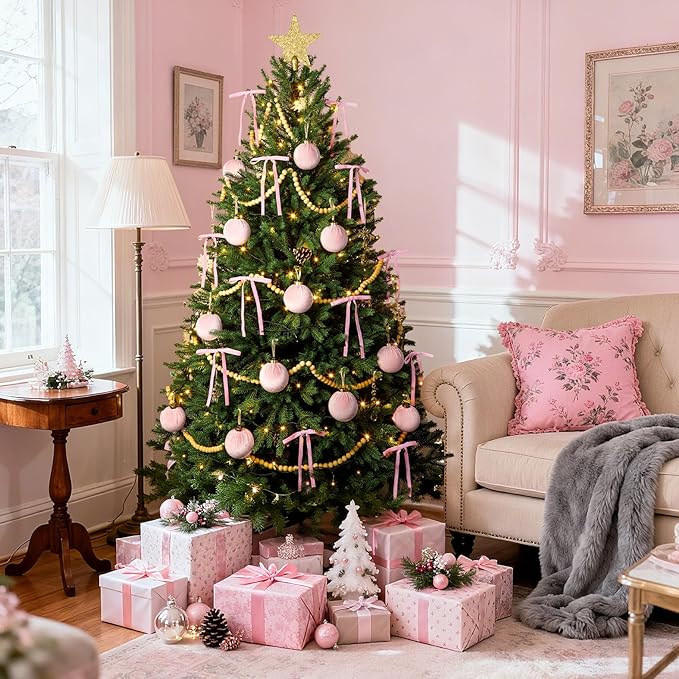 24 Pack Velvet Christmas Ornaments Balls for Tree, 12 Pcs 3.15 Inch Large Velvet Christmas Balls and 12 Pcs Vintage Bows for Xmas Tree Garland Wreath Holiday Party Indoor Home Decor