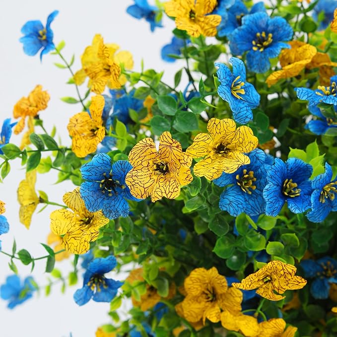 Artificial Flowers for Outdoors 6PCS，All Weather Fade Proof, UV Resistant Waterproof Realistic Faux Silk Mums Daisies Blue & Yellow for Hanging Planters Porch Patio Balcony Deck Fence Garden Decor