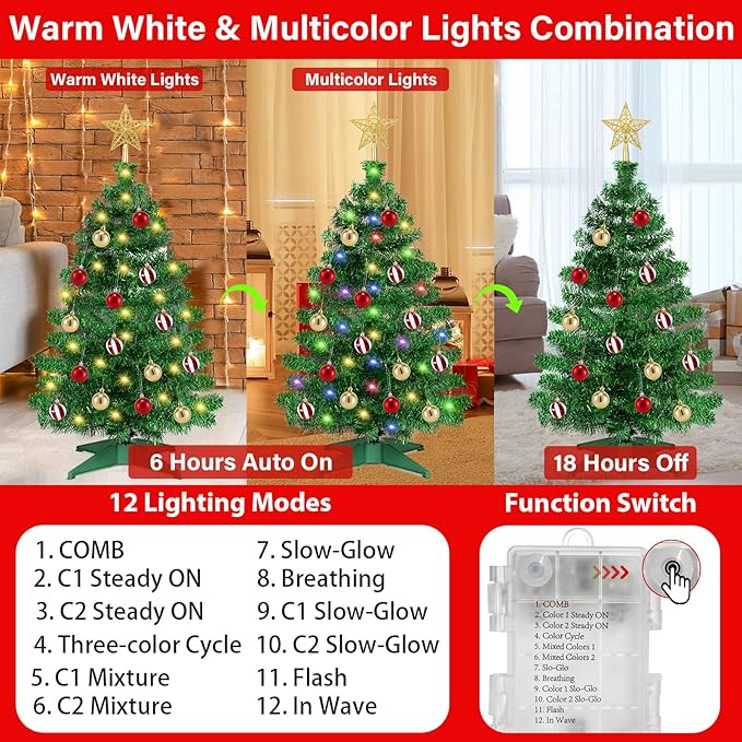 [ Timer & 12 Modes ] 3 Ft Green Christmas Tree with DIY 50 Warm White & Multi Color Lights 15 Ball Ornaments 3D Star Remote Control Battery Operated Pencil Full Tree Xmas Christmas Decorations Table