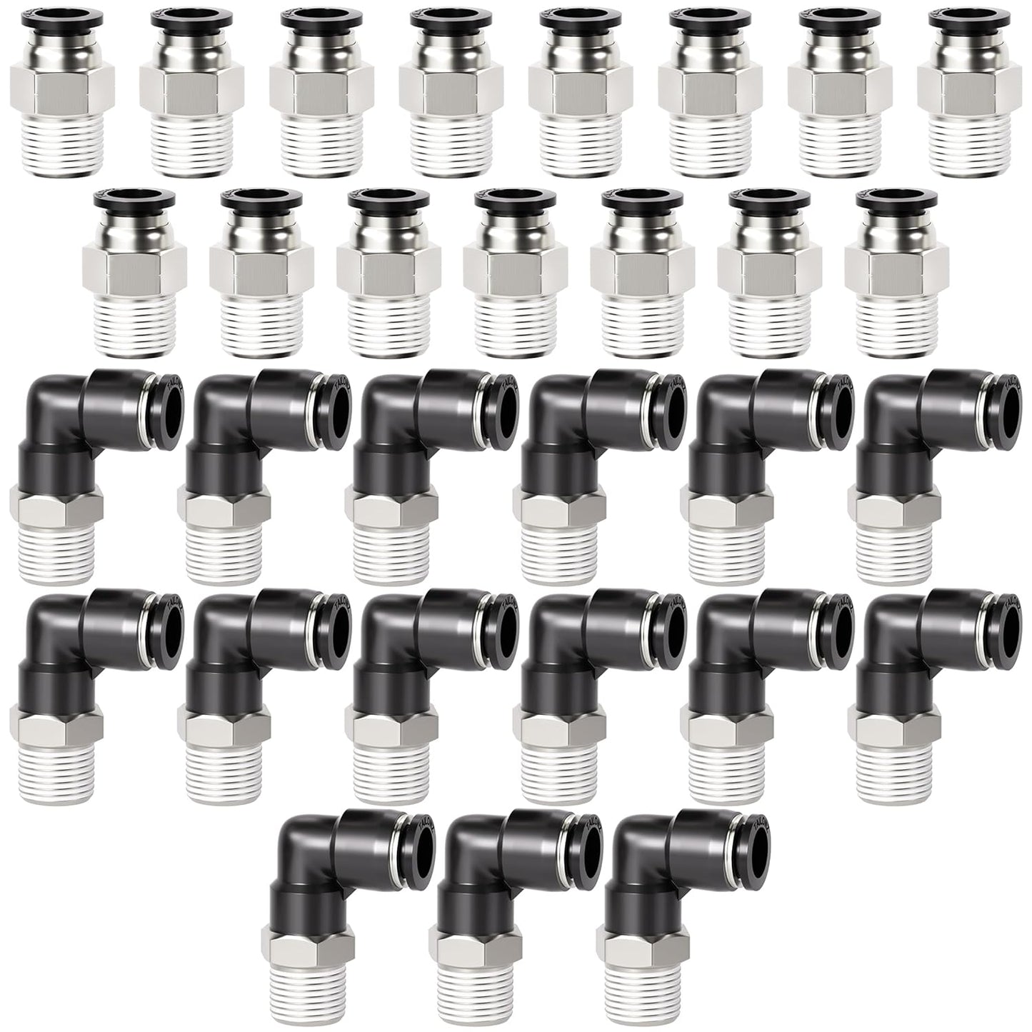 TAILONZ PNEUMATIC Elbow and Straight Combination 3/8 Inch Tube OD x 1/4 Inch NPT Thread Push to Connect Fittings PC-3/8-N2+PL-3/8-N2(Pack of 30)