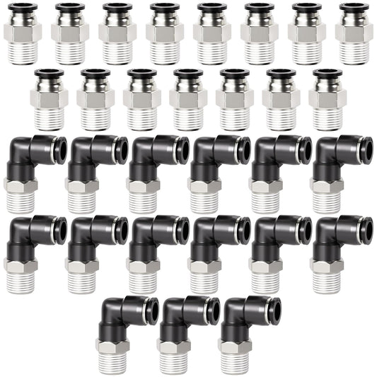 TAILONZ PNEUMATIC Elbow and Straight Combination 3/8 Inch Tube OD x 1/4 Inch NPT Thread Push to Connect Fittings PC-3/8-N2+PL-3/8-N2(Pack of 30)