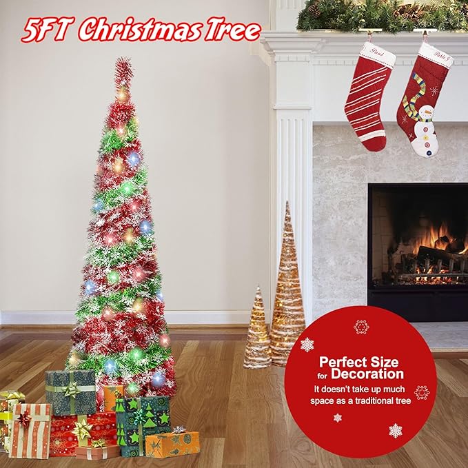 5FT Christmas Trees with 90 Lights, Collapsible Artificial Sequin Pop Up Christmas Tree, Tinsel Slim Pencil Christmas Tree for Home Holiday Fireplace Party Indoor Outdoor Xmas Decorations