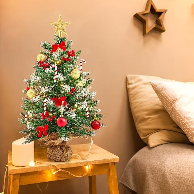 Small Christmas Tree with LED Lights, 2ft Table Top Christmas Tree with Burlap Bag Base and Star Tree Topper, 24 in Mini Tabletop Xmas Tree for Table Desk Home Christmas Decorations
