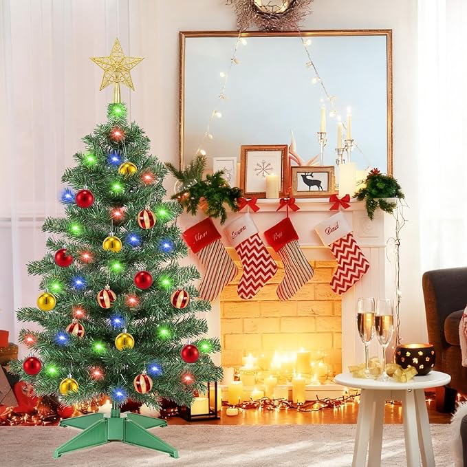 [ 12 Modes & Timer ] 3 Ft Green Small Christmas Tree with 50 LED Lights, 15 Ball Ornaments 3D Star Battery Operated Prelit Christmas Tree Indoor Home Fireplace Holiday Xmas Christmas Decorations