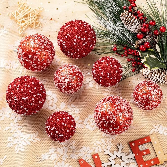 8CT Christmas Ball Ornaments, Red Christmas Ball Decorations Shatterproof Plastic Hanging Pearl Balls for Holiday Party(90mm/3.54")