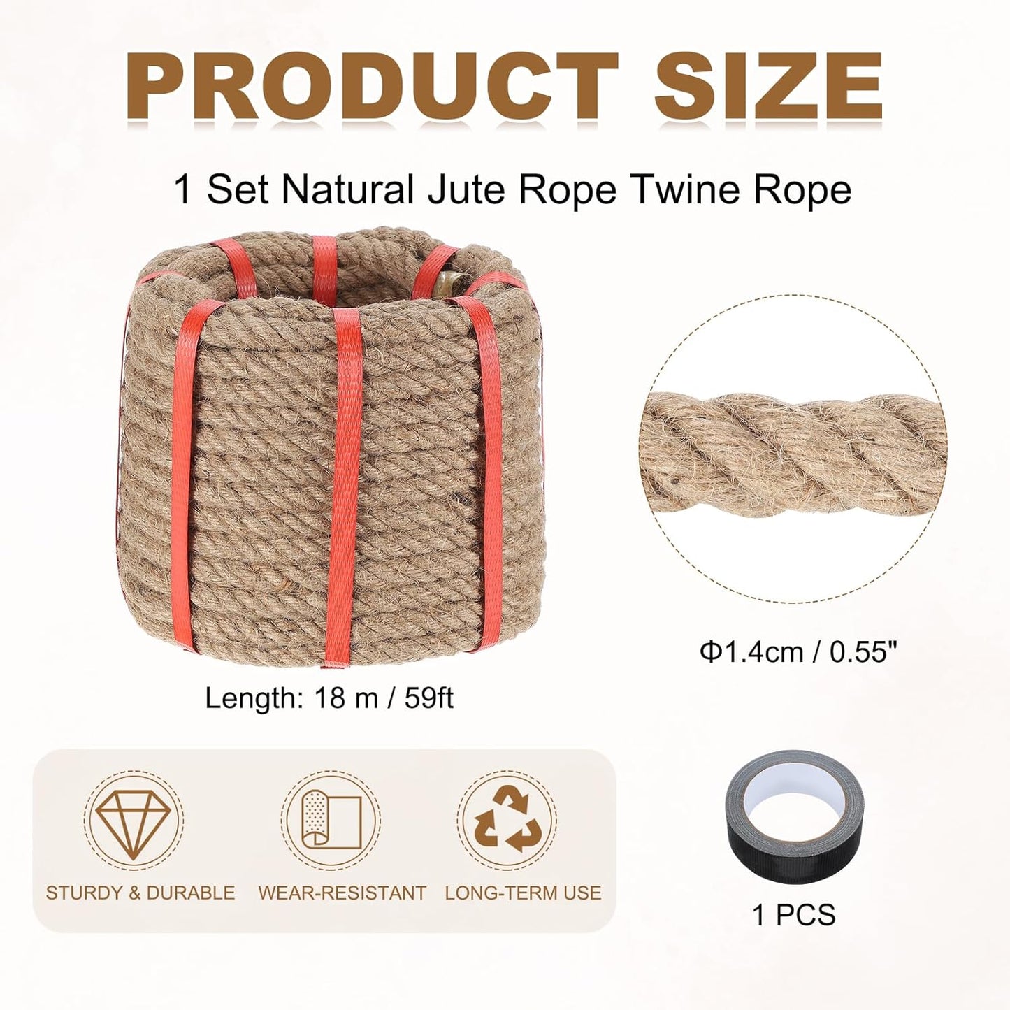 MECCANIXITY Jute Rope 0.55 Inch x 59ft, Thick Twine Rope Ropes Braided Jute Twine Natural Brown Burlap Cord String Heavy Twisted with Tape for Decorative Crafts Railing Swing Tug of War