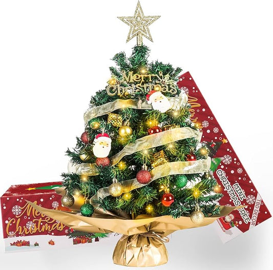 20" Mini Christmas Tree, Artificial Mini Christmas Tree with Lights, Tabletop Christmas Tree with Star Treetop Pinecones Boxes and Ball Ornaments for DIY Christmas Decoration (Green&Red)