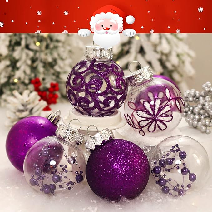 Clear Christmas Ornaments Set, 30ct 2.36inch Purple Shatterproof Christmas Ornaments Balls for Christmas Tree Delicate Stuffed Decorative Transparent Crystal Baubles for Xmas Halloween Wedding Party