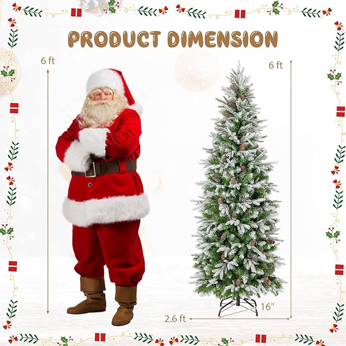 GOFLAME 6 FT Pre-Lit Pencil Christmas Tree Snow Flocked, Slim Artificial Xmas Tree with 671 Branch Tips, 280 LED Lights, 60 Natural Pine Cones, Hinged Holiday Decoration Tree for Home Office