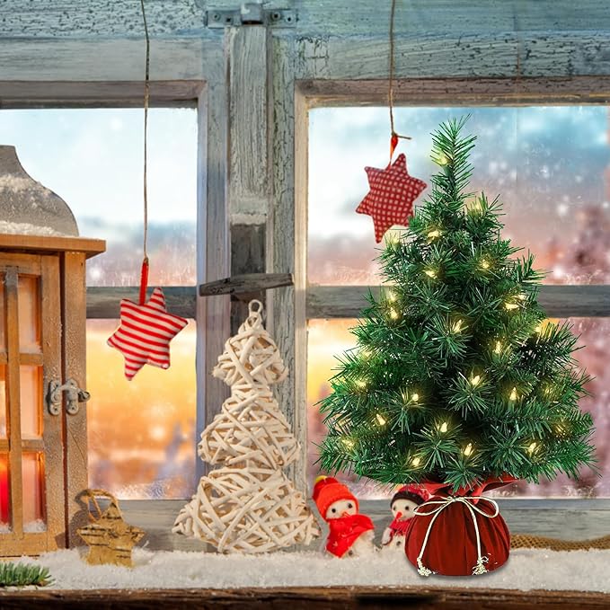 Tabletop Mini Christmas Tree 22 Inch - Mini Artificial Christmas Tree with 35 Warm White Lights, 75 Branch Tips & Red Cloth Bag Base, Perfect DIY Christmas Decorations, Green