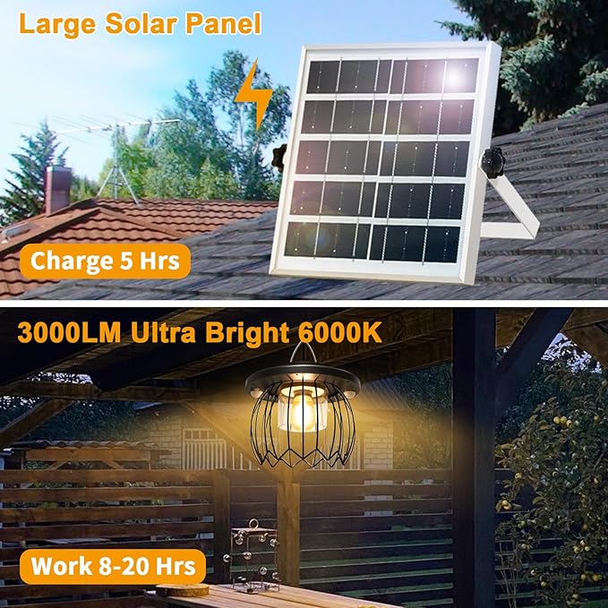 Solar Shed Light Outdoor Indoor, 3000LM Solar Chandelier 5 Modes (Daytime Available) Lamp with 3 Color Temps Dual Motion Sensor Remote, Hanging Pendant Lights for Gazebo Garage Shop Garden