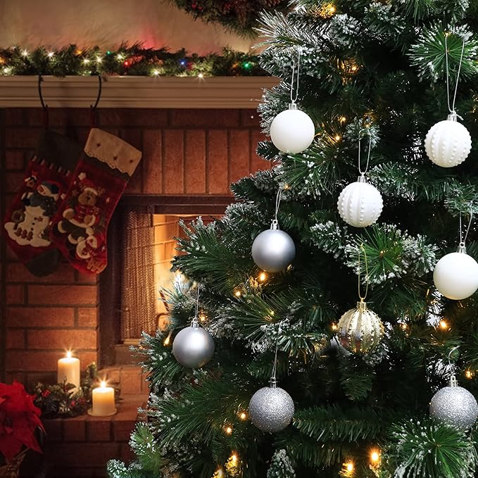 45Pcs 6cm/2.36inch Christmas Balls Glitter Ornaments Set, Shatterproof Plastic Xmas Tree Hanging Ornament, Christmas Decorations Balls for Holiday Festival Wedding House Bar Party(Silver/White)