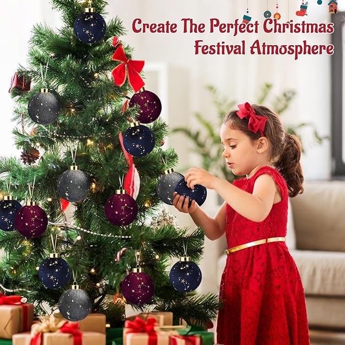 Christmas Tree Ornaments Velvet Balls - 12 Pcs Shatterproof Christmas Tree Hanging Bulbs Decorations Set for Holiday Party Xmas - Multicolor Rouge Blue Grey - 3.15 Inch (80mm)