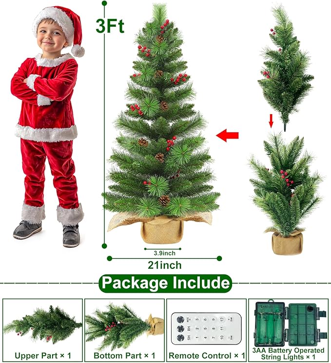 3 Ft Small Christmas Tree Remote Control Artificial Tabletop Christmas Tree 50 Warm White&Colored Lights Battery Operated 12 Modes Timer Pinecones Red Berries Burlap Base Xmas Christmas Decorations