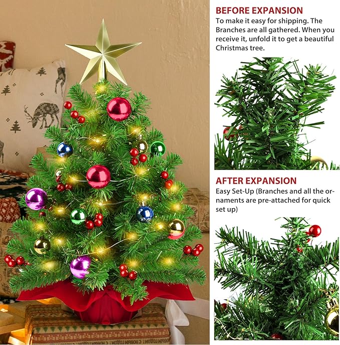 Small Tabletop Christmas Tree, 22 Inch Mini Artificial Prelit Christmas Tree Decorated with Warm Lights, Colorful Ornaments, Star Treetop, Red Berries and Cloth Bag Base for Holiday Decoration