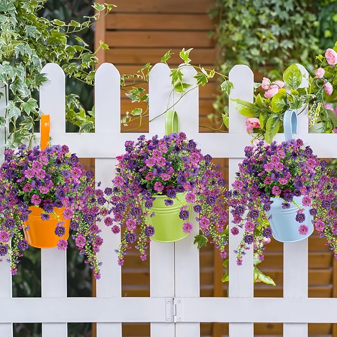 Artificial Flowers for Outdoors 6PCS，All Weather Fade Proof, UV Resistant Waterproof Realistic Faux Silk Mums Daisies Double Purple for Hanging Planters Porch Patio Balcony Deck Fence Garden Decor
