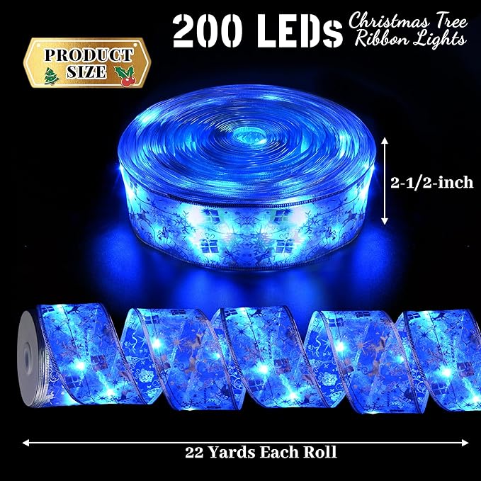 Christmas Decorations - 2.5Inch x 66Ft 200 Led Christmas Tree Ribbon Lights with 8 Lighting Modes, Battery Operated & USB Powered Fairy String Lights with Timer for Xmas Tree Decor
