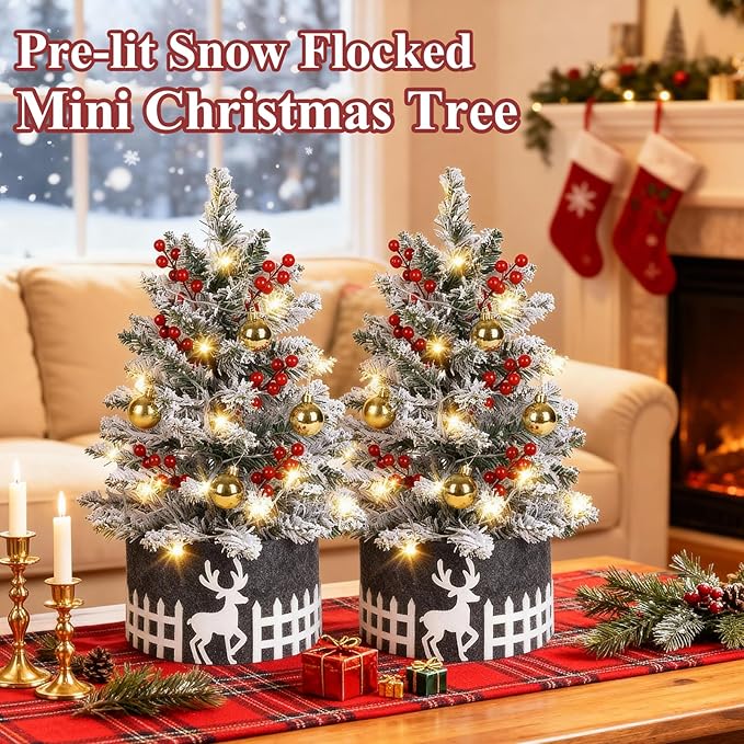 2FT Snow Flocked Mini Christmas Tree with Lights, Pre-Lit Small Christmas Tree for Home, Artificial Xmas Tree for Office, Shop, Bar, Party, Indoor Outdoor Decoration (Battery Not Included)