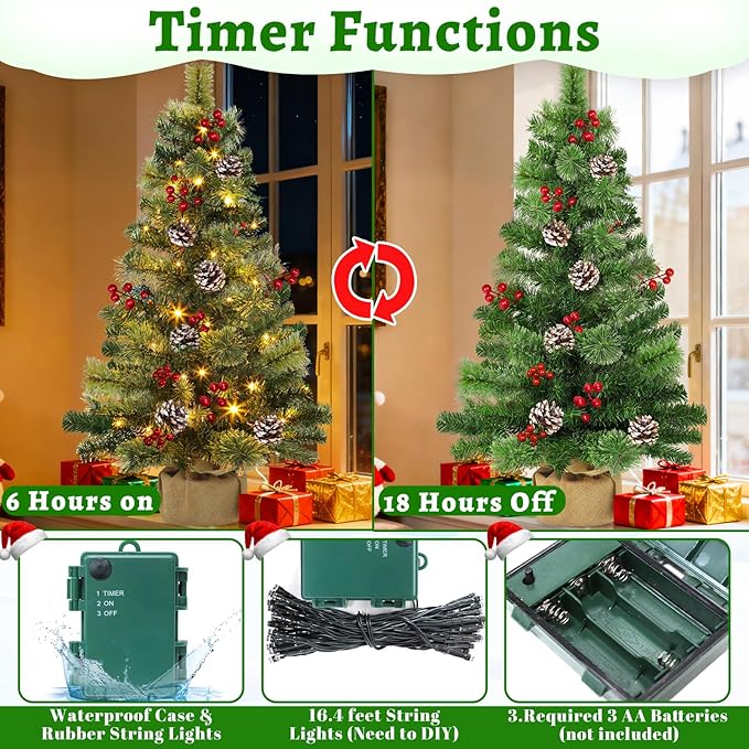 Timer - 3FT Christmas Tree with Lights, Real Touch Small Table top Christmas Tree 50 Warm White LED,100 Smoky Pine Branches Pinecone Berry,Burlap Base Artificial Mini Cedar Xmas Tree Indoor Home Decor