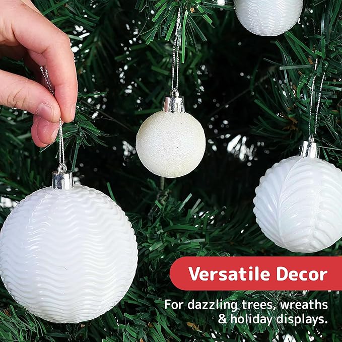 Prextex 36 Piece White Christmas Ornaments and Balls - White Ornament Set with 3 Sizes and 6 Styles - Shatterproof Christmas Ornaments for Tree, Wreath, and Holiday Decor for Indoor or Outdoor Display