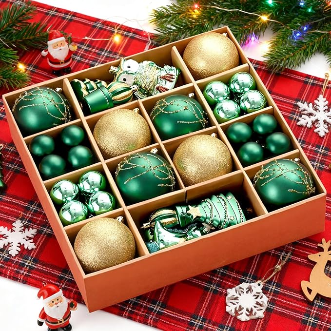 Dolicer 52 Pcs Christmas Tree Ornaments Various Styles Christmas Ball Ornaments Set Green Gold Christmas Ornament Shatterproof Lightweight Hanging Decorations for Xmas Tree Holiday Party Home