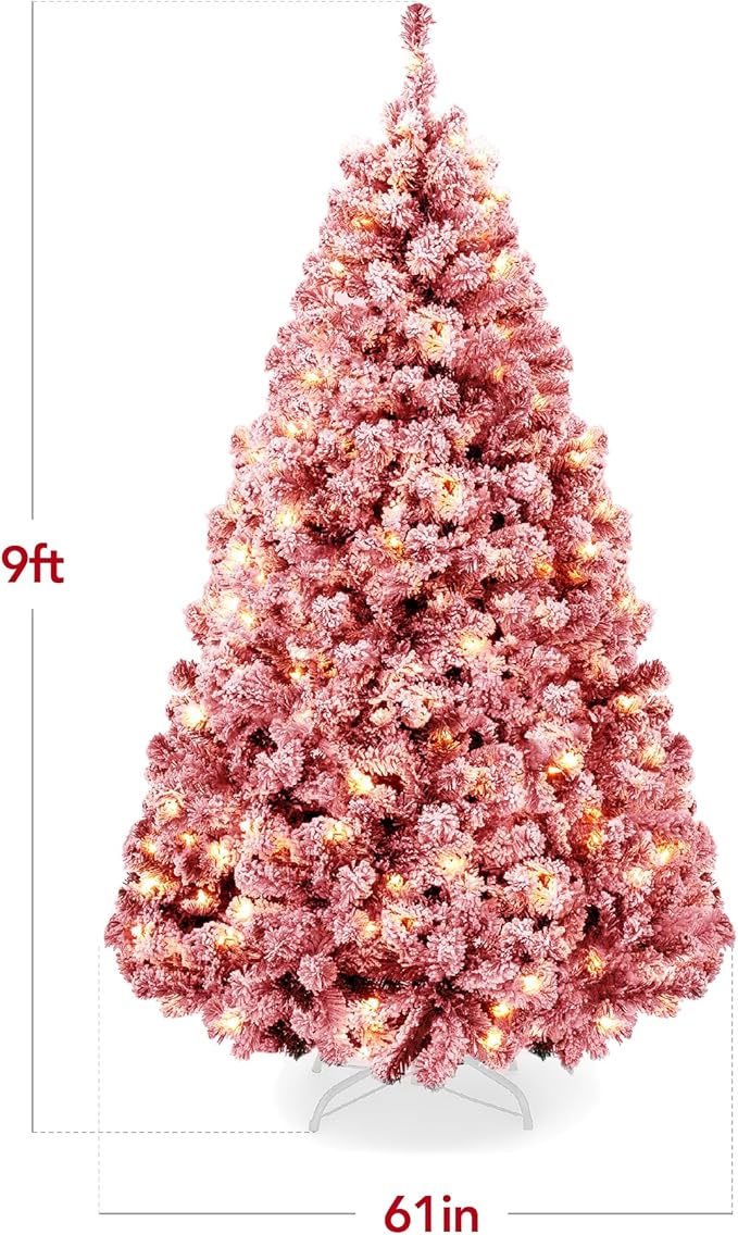 Best Choice Products Pre-Lit Red Christmas Tree, 9ft Artificial Flocked Full Fir Tree, Holiday Decoration w/ 900 Lights, 2,094 Branch Tips