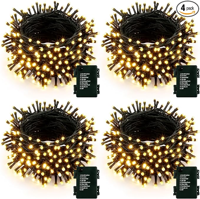 Upgraded 4Pack 160FT 400 LED Battery Operated Christmas String Lights Outdoor/Indoor, Timer & 8 Modes with Green Wire Christmas Tree Lights, Waterproof Fairy Lights for Xmas Tree Garden(Warm White)