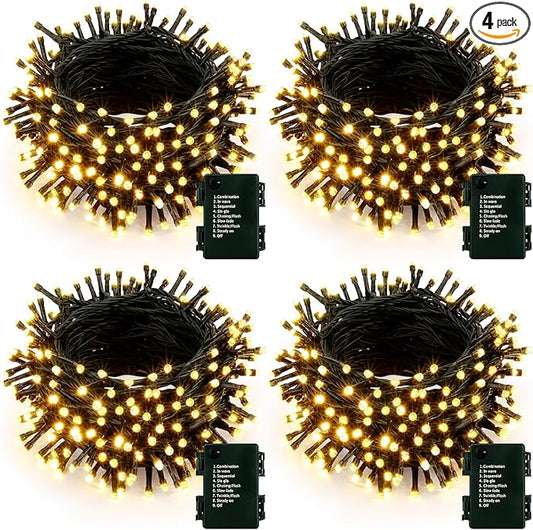 Upgraded 4Pack 160FT 400 LED Battery Operated Christmas String Lights Outdoor/Indoor, Timer & 8 Modes with Green Wire Christmas Tree Lights, Waterproof Fairy Lights for Xmas Tree Garden(Warm White)
