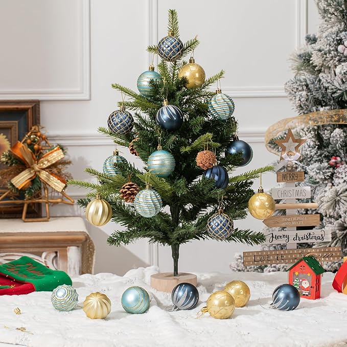 100PCS Blue and Gold Christmas Ornaments Set, Shatterproof Christmas Ball Ornaments Bulk, Assorted Decorations Baubles Hanging Ornaments for Christmas Trees Holiday Party Decor (Blue & Gold)